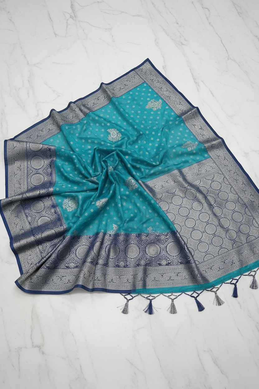 Orelia Azure Royale Silver Saree – Flat Lay