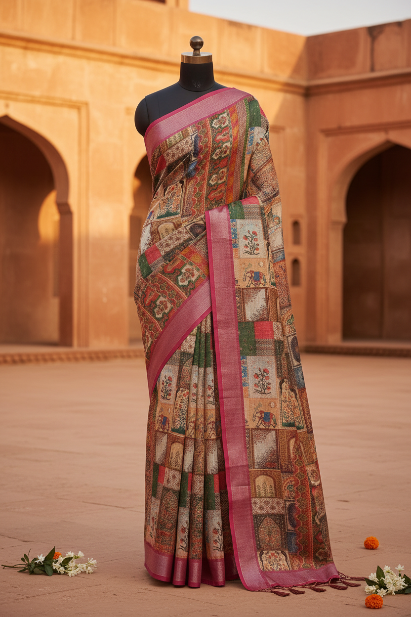 Satin-Cotton Printed Multicolored Saree
